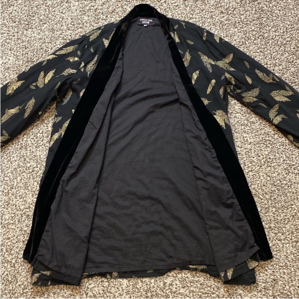 Johnny Was Workshop Open Jacket Black with Gold Feathers Velvet Trim & Pockets - Picture 3 of 10